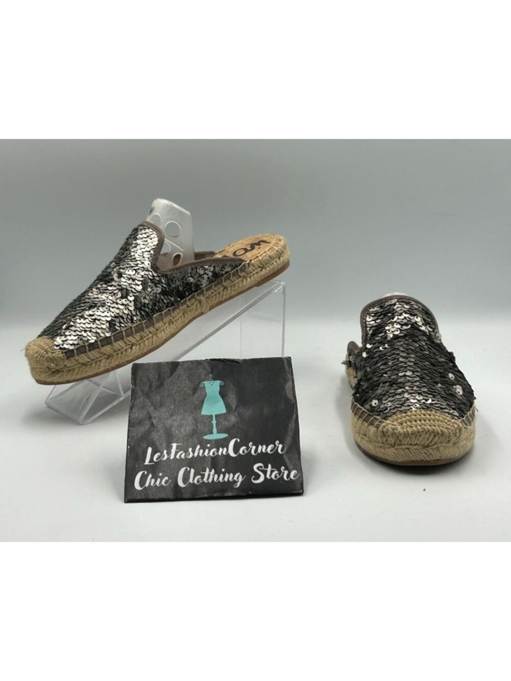 Sam Edelman Women's Pewter Sequin Kerry Espadrille Mules Shoes Size 6 3348